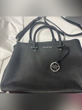 Michael Kors Black Saffiano Satchel with Silver MK Charm